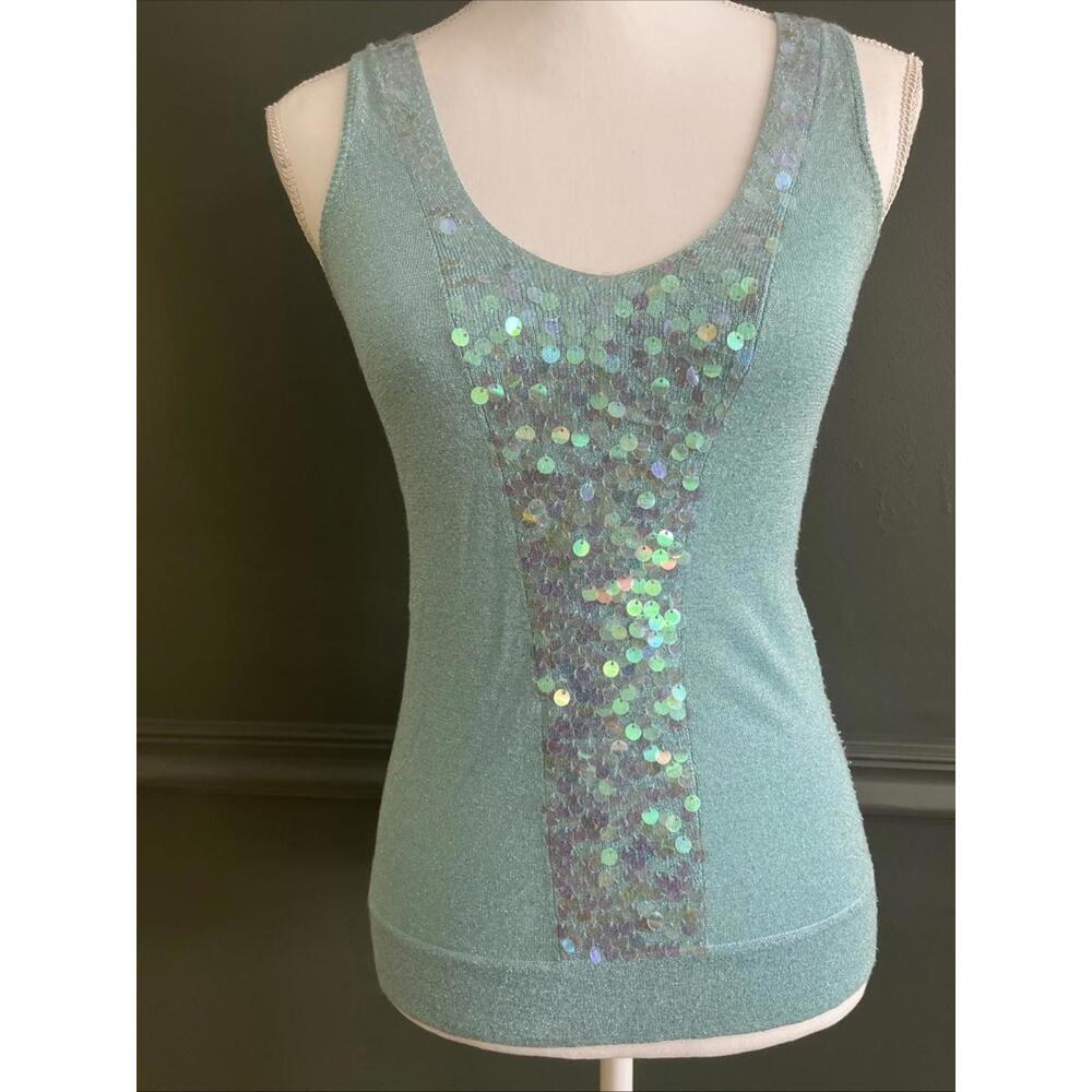 VTG Y2K Aqua Metallic Sequin Tank Top S Glitter Clubwear Fairycore Mermaid Rare